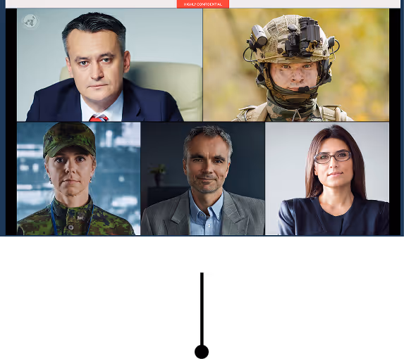 A video conference screen showing five professionals, including two in military uniforms, one in tactical gear, and two in business attire.